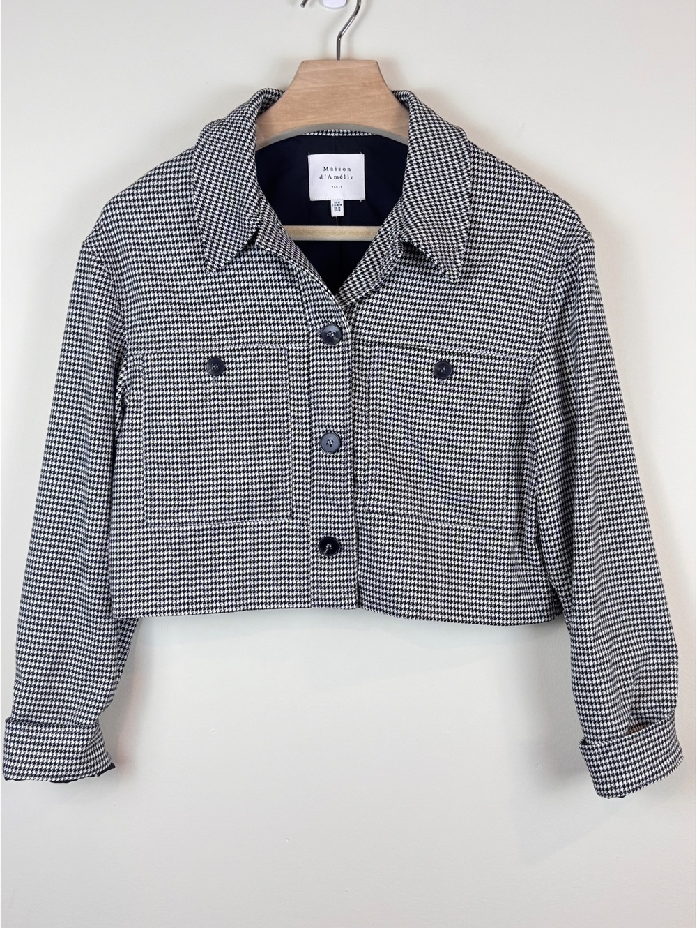 Maison d’Amelie Paris Cropped Houndstooth Jacket Black White Shacket Blazer M